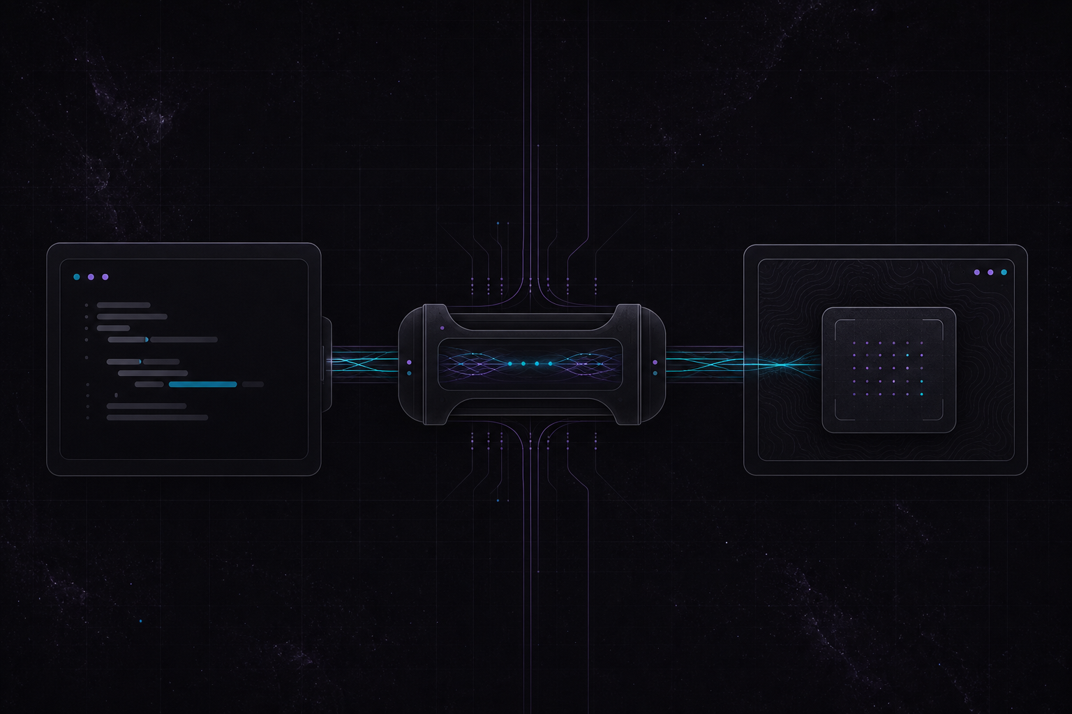 Bridge topology: a stdio agent panel sends a cyan signal through a bridge junction into a hosted MCP endpoint.