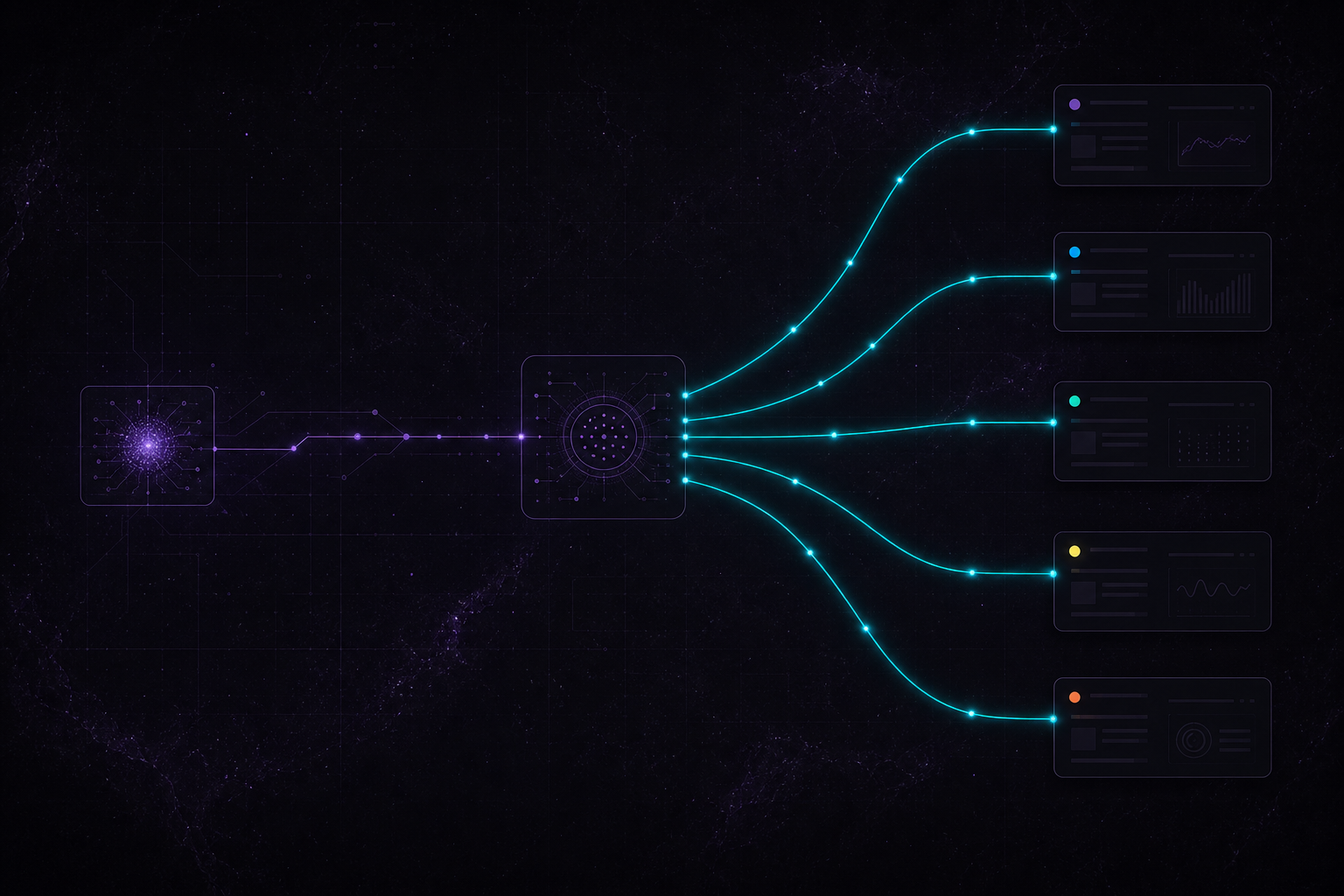 Realtime fanout: a violet event origin feeds a broadcaster that fans cyan signal branches out to endpoint panels.