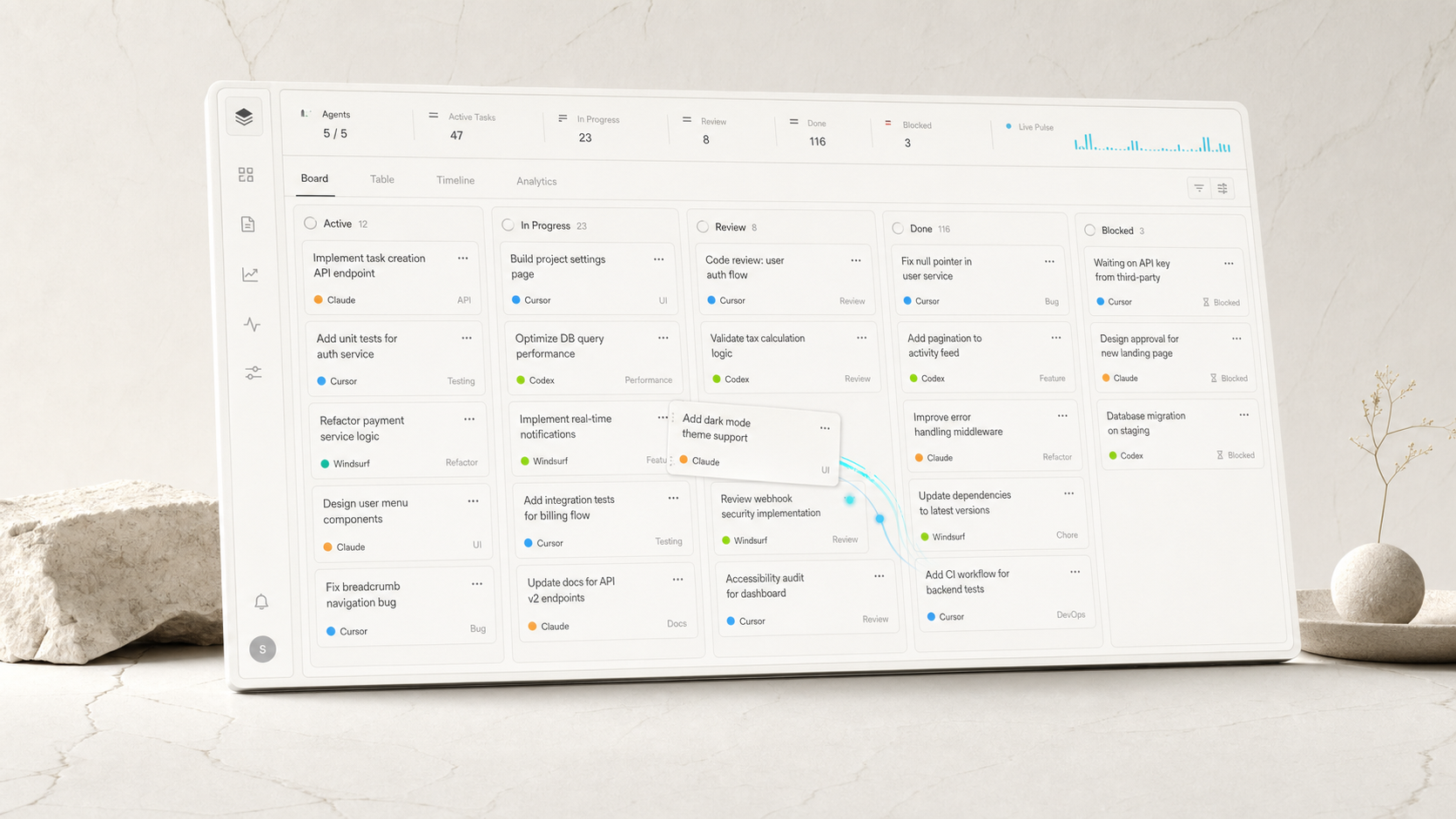 Photoreal multi-agent Kanban board on a luminous bone canvas, violet and cyan accents reading as ink.